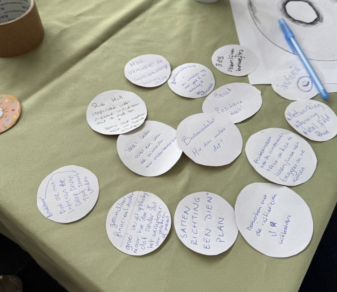 Round white check-out cards on a green tablecloth, handwritten with what participants take home.